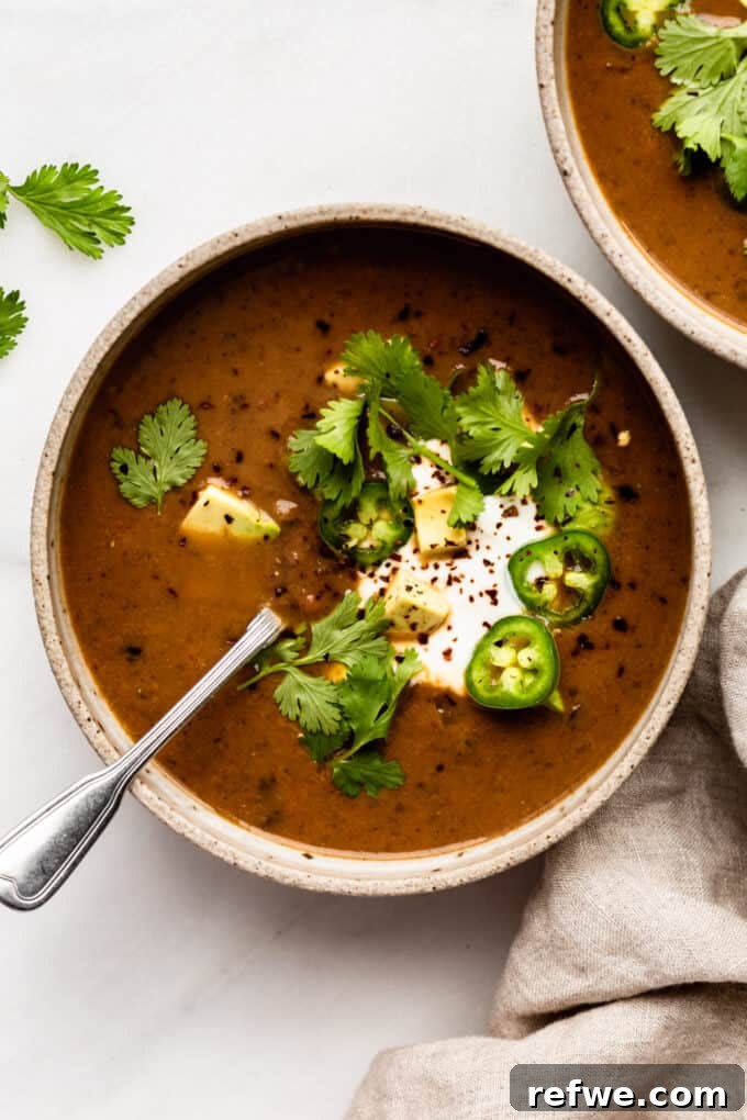 Delicious Vegan Black Bean Soup with Fresh Toppings A beautifully garnished bowl of vegan black bean soup with fresh cilantro, creamy avocado, and a dollop of vegan sour cream, ready to be enjoyed.