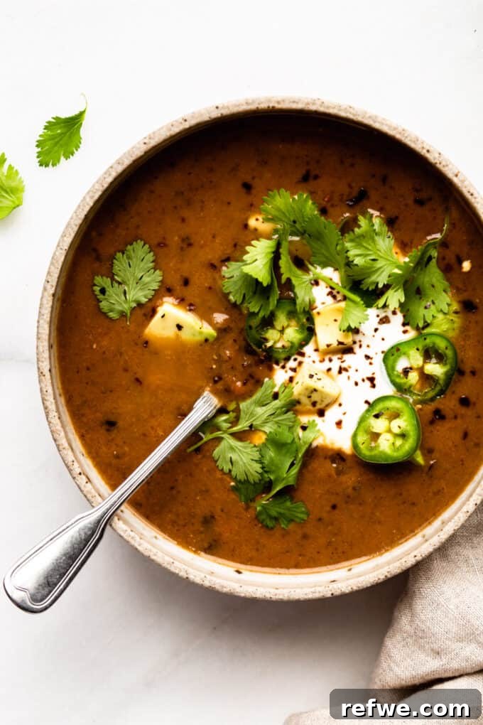 Garnished Black Bean Soup Ready to Serve A close-up of a vibrant bowl of black bean soup, generously topped with fresh cilantro, thinly sliced jalapeños, and creamy avocado, ready to be enjoyed.