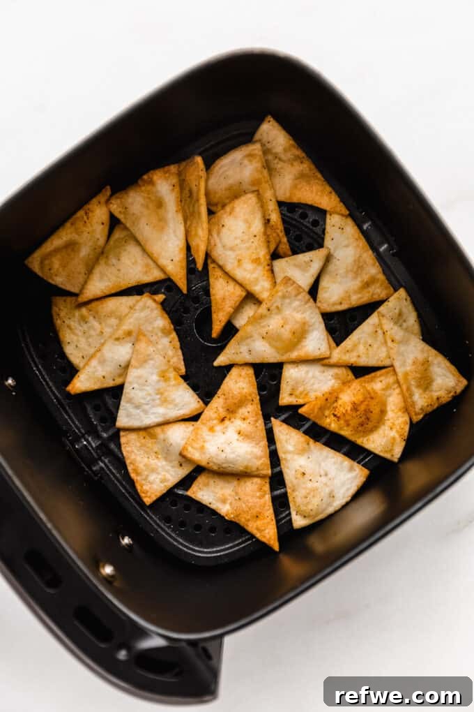 Golden Crisp Air Fryer Tortilla Chips 6 air fryer tortilla chips in an air fryer basket