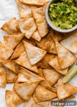 air fryer tortilla chips with guacamole on the side