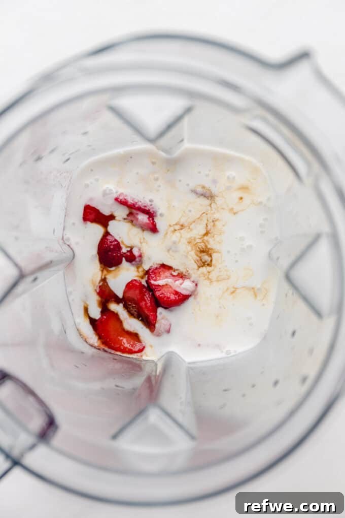 Strawberry Chia Delight 4 Strawberries, vanilla extract, and coconut milk in a blender