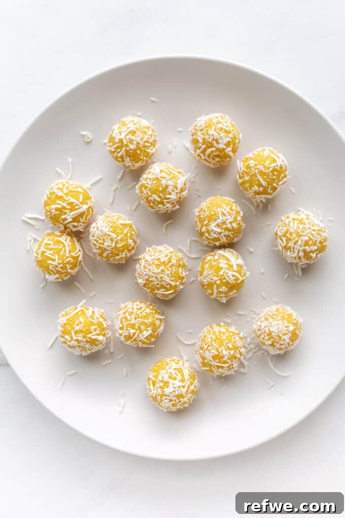 Zesty Lemon Bites 6 Freshly rolled lemon bliss balls, some coated in shredded coconut, neatly arranged on a plate.
