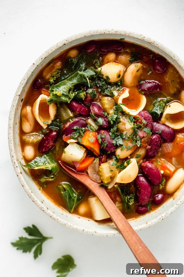 A close-up of a single bowl of steaming vegan minestrone soup, garnished with fresh parsley, emphasizing its rich texture and appetizing appearance.