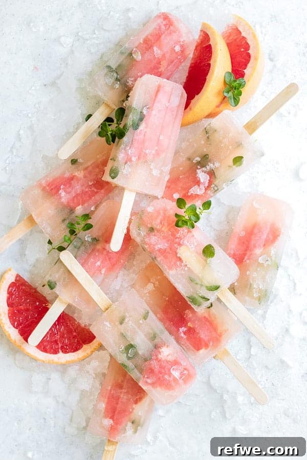 Beat the Heat: 8 Refreshing Homemade Popsicle Ideas 8 Three elegant pink Grapefruit Thyme Popsicles, featuring fresh thyme sprigs frozen inside, highlighting their unique and sophisticated appearance.