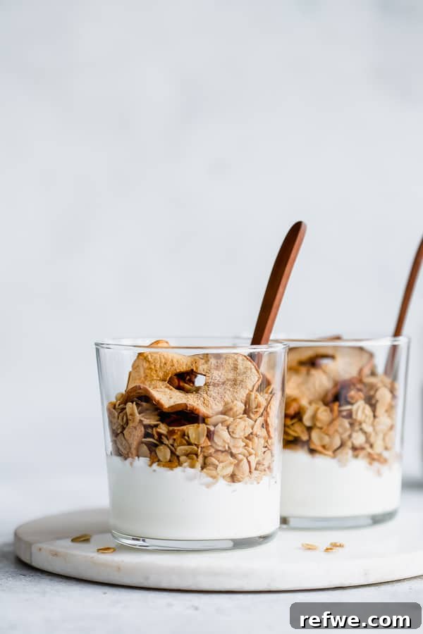 Savor the Season: 14 Fall Apple Recipes 5 A bowl filled with crunchy Apple Pie Granola featuring oats, nuts, cinnamon, and dried apple chips, ready for breakfast or snacking.