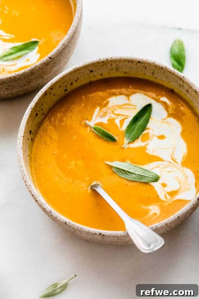 Savor the Season: 14 Fall Apple Recipes 10 A bowl of rich and creamy Butternut Squash Apple Soup, garnished with fresh herbs, ready to be enjoyed as a comforting fall meal.