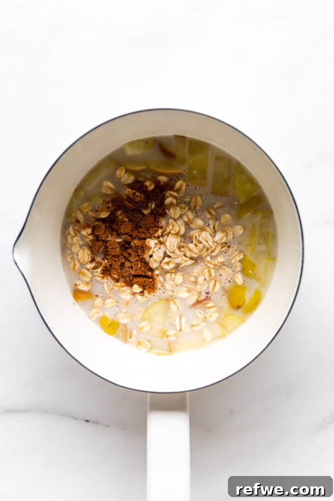 Warm Apple Pie Oats 7 Oats, cinnamon, nutmeg, and a pinch of salt being stirred into the apple and milk mixture in a white pot.