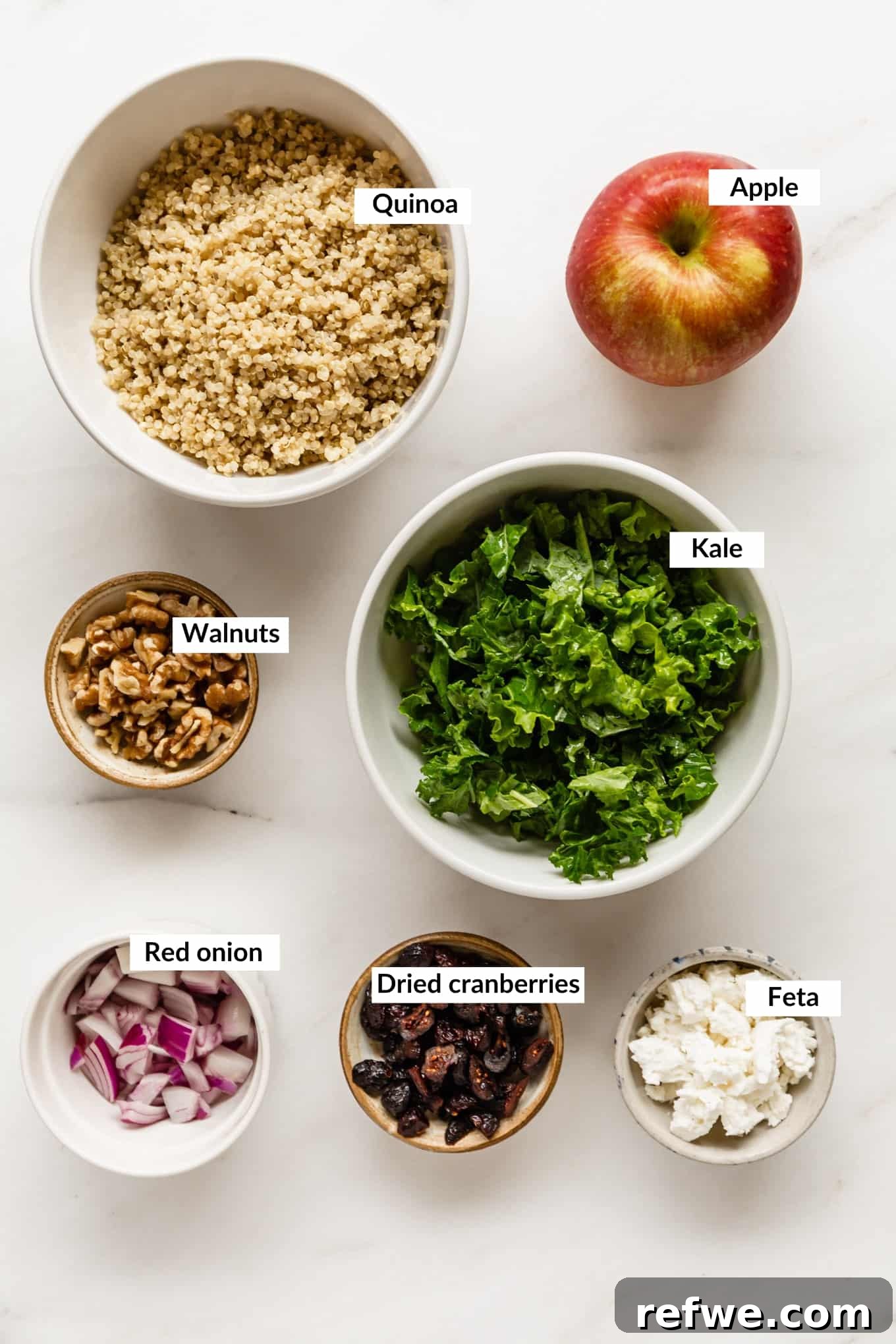 Vibrant Apple Cranberry Quinoa Salad 3 A flat lay image displaying all the fresh ingredients required to make the Apple Cranberry Quinoa Salad, including quinoa, kale, apples, cranberries, and dressing components.