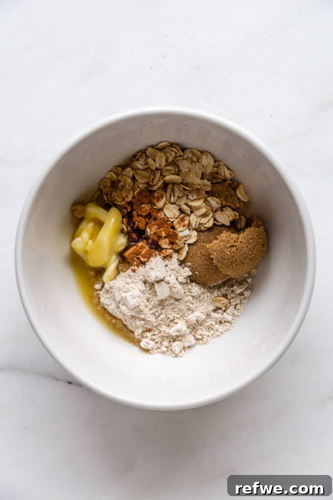 Wholesome Pumpkin Banana Loaf 7 oats, brown sugar, oat flour and butter in a bowl