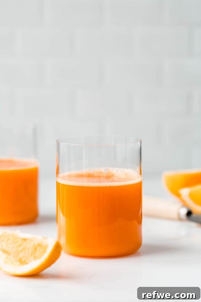 Zingy Ginger Carrot Orange Immunity Nectar 9 Two elegant glasses of orange and carrot juice, artfully arranged on a kitchen counter with fresh orange slices, inviting a refreshing sip.