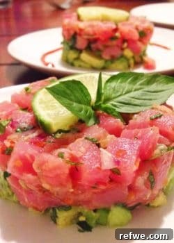 Fresh Thai Tuna Tartare plated beautifully with a focus on ingredients