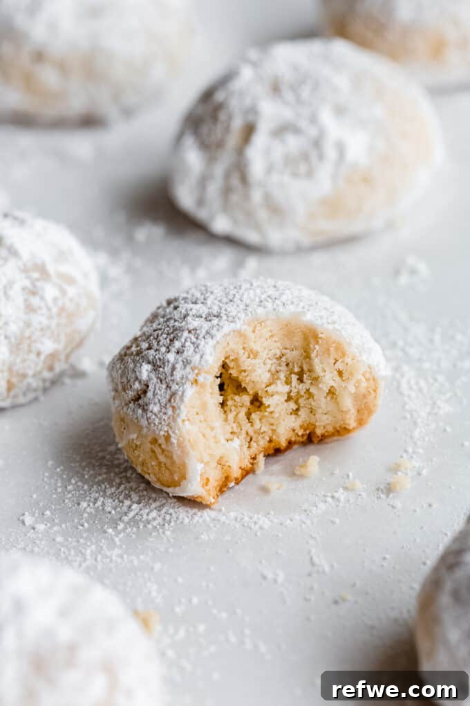 A perfectly baked almond snowball cookie with a bite taken out, revealing its tender, crumbly interior coated in a delicate layer of powdered sugar.