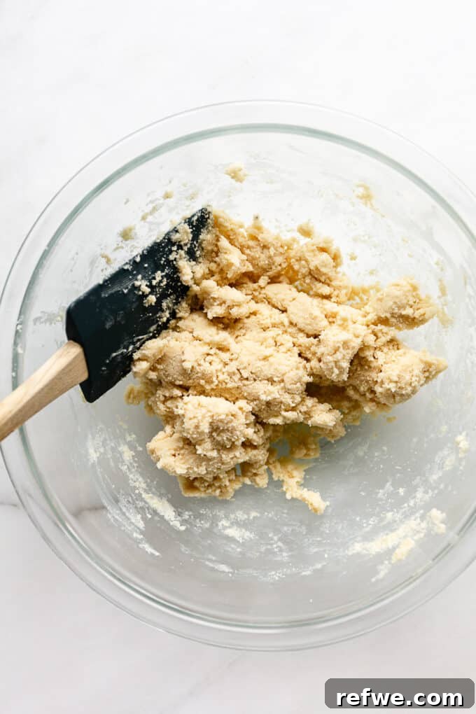 The fully mixed almond snowball cookie dough, showcasing its cohesive and pliable texture in a mixing bowl.