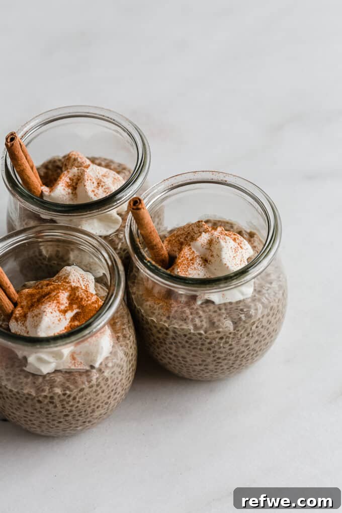 Gingerbread Spice Chia Delight 6 Three individual jars of gingerbread chia pudding, beautifully topped with whipped cream and garnished with cinnamon sticks, showcasing a festive presentation.