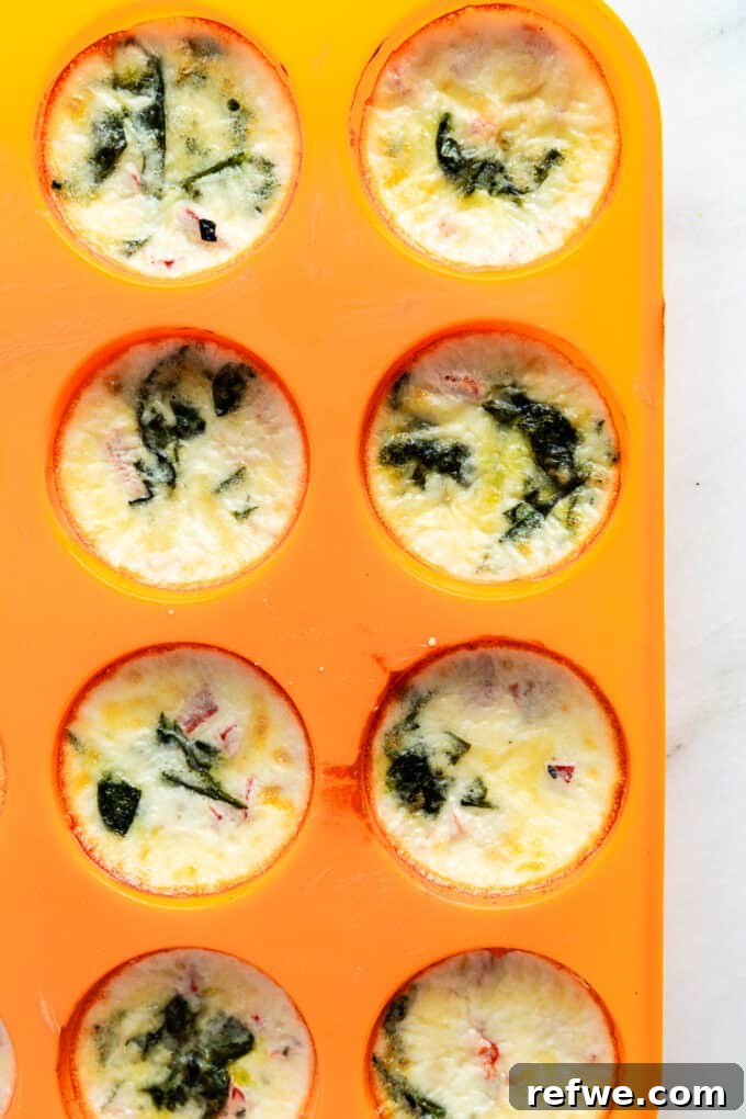 Lean Protein Egg Cups 7 Golden brown egg white bites cooling in an orange silicone muffin pan after being baked.