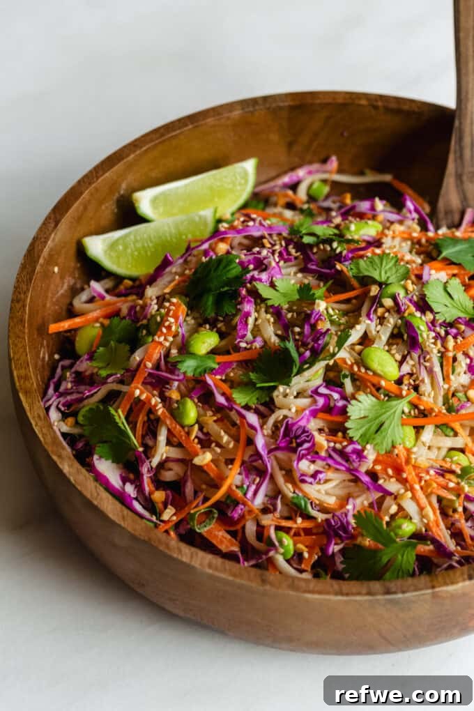 A beautifully presented bowl of Thai Peanut Noodle Salad, garnished generously with fresh cilantro leaves and vibrant lime wedges, perfectly ready for serving as a refreshing and healthy meal.