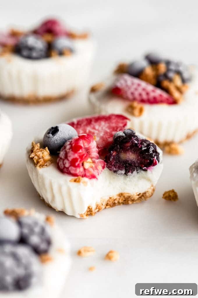A delicious frozen yogurt granola cup with a bite taken out of it, showing layers of creamy yogurt and crunchy granola.