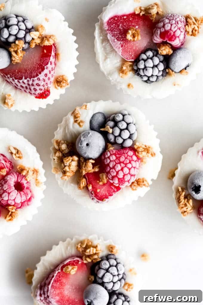 Beautifully arranged frozen yogurt granola cups topped with a colorful assortment of fresh berries and extra granola crumbles.