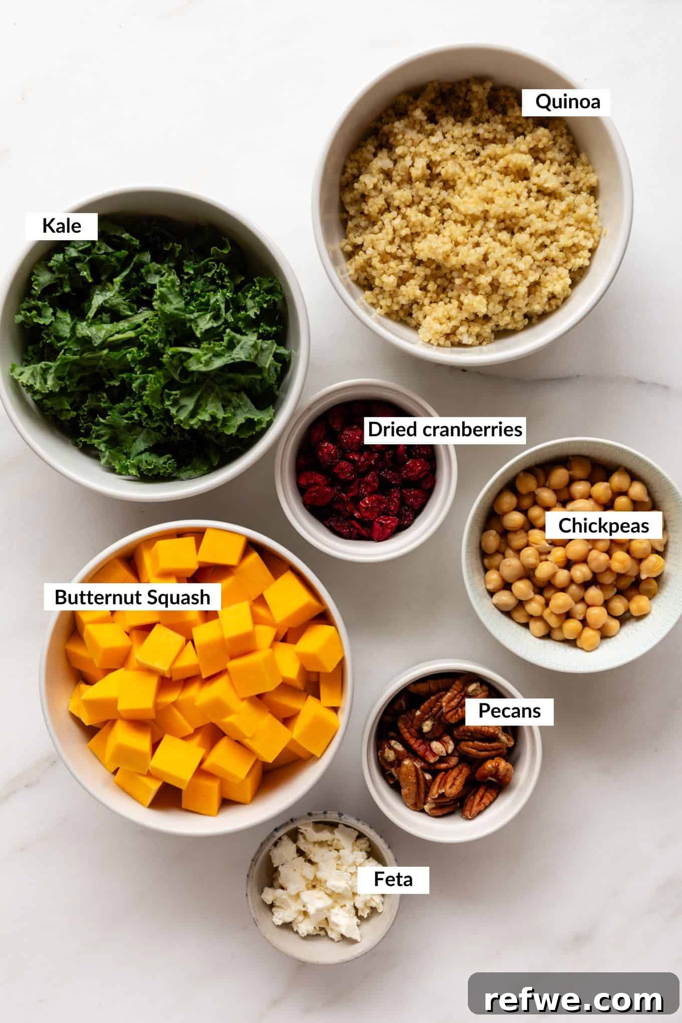 An array of fresh ingredients laid out on a table, including cubed butternut squash, fresh kale, chickpeas, quinoa, feta, pecans, and dried cranberries, ready for the butternut squash kale salad.