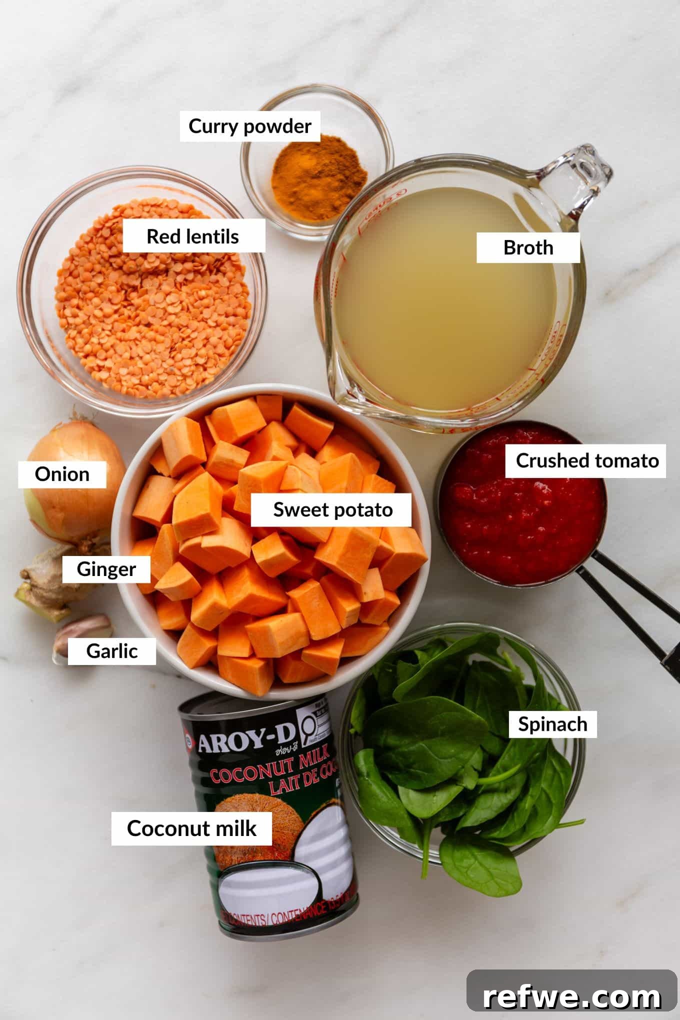 Wholesome Red Lentil Sweet Potato Curry 3 A curated selection of fresh ingredients laid out, including vibrant sweet potatoes, red lentils, a can of coconut milk, and aromatic spices, ready to be transformed into a delicious curry.