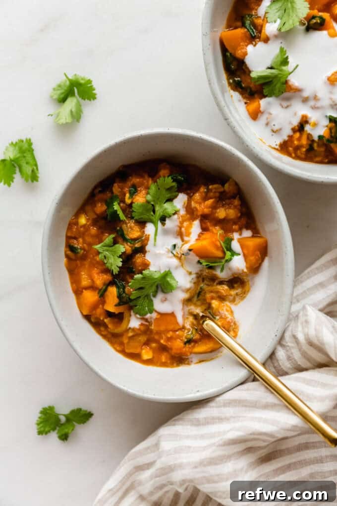 Wholesome Red Lentil Sweet Potato Curry 9 A beautifully plated bowl of Red Lentil Sweet Potato Curry, garnished with fresh cilantro, and a gold spoon resting beside it, inviting you to enjoy.