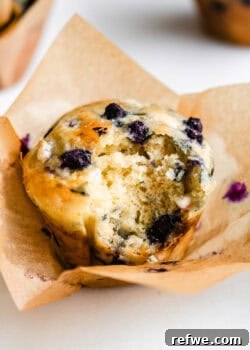 A cottage cheese blueberry muffin with a bite taken out of it