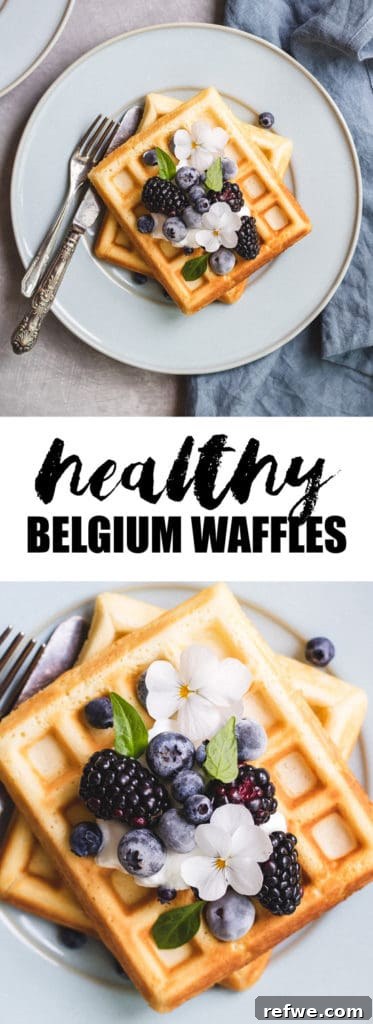 Guilt-Free Belgian Waffles 7 A stack of golden brown healthy Belgian waffles on a white plate, ready to be served.