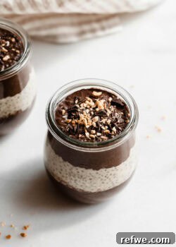 A cup of chocolate peanut butter chia pudding topped with chocolate and peanut butter.