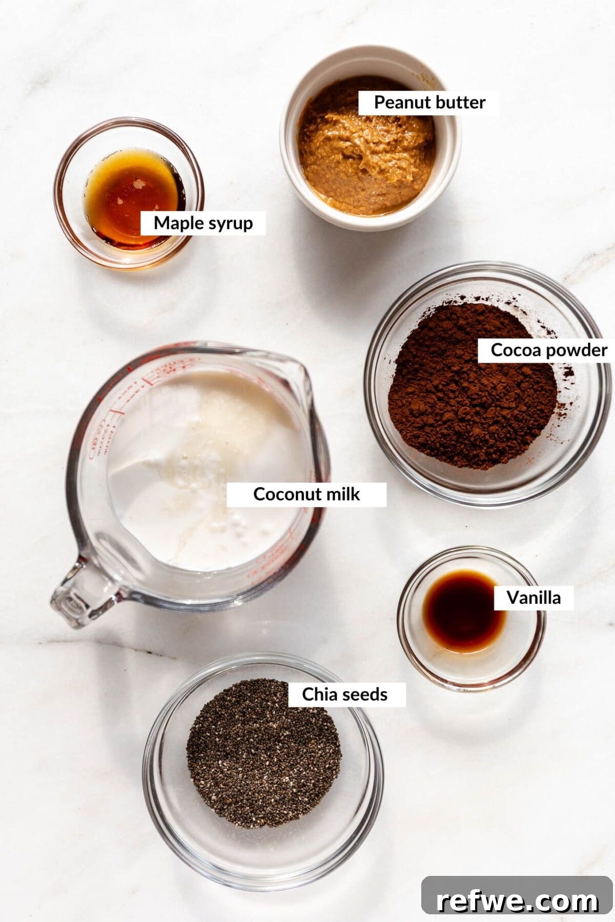 Peanut Butter Chocolate Chia Delight 3 Ingredients for peanut butter chocolate chia pudding.