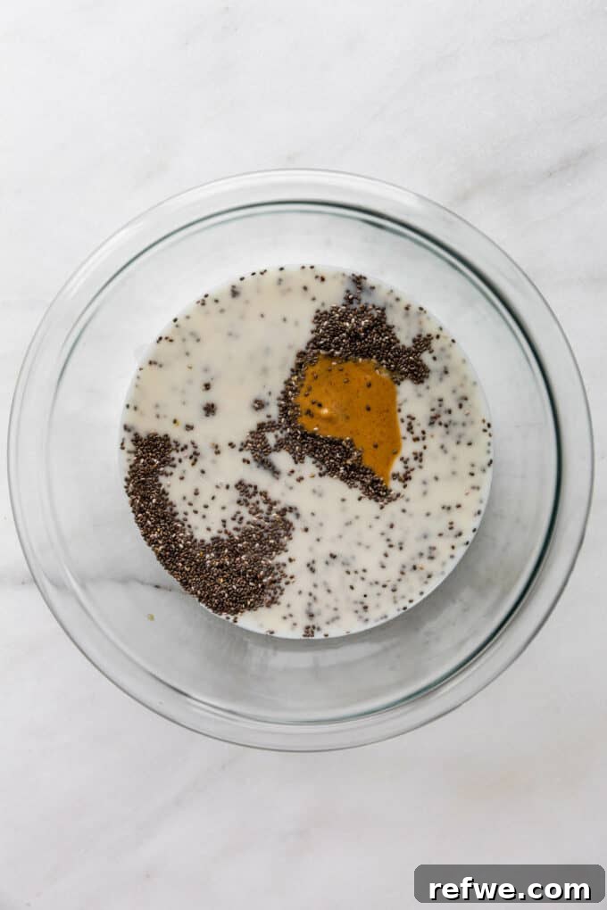 Peanut Butter Chocolate Chia Delight 6 chia seeds, almond milk and peanut butter in a mixing bowl