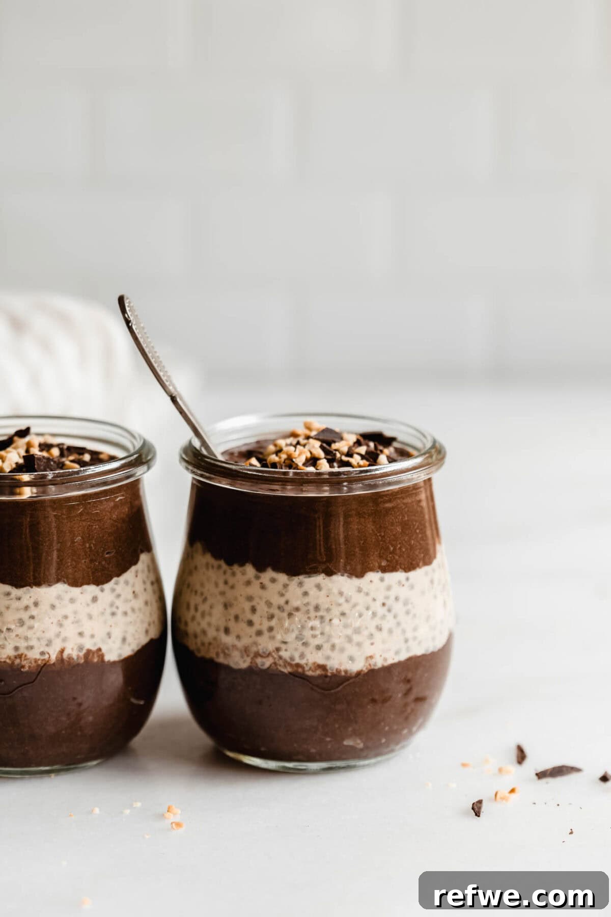 Peanut Butter Chocolate Chia Delight 8 two cups of layered chocolate and peanut butter chia pudding.
