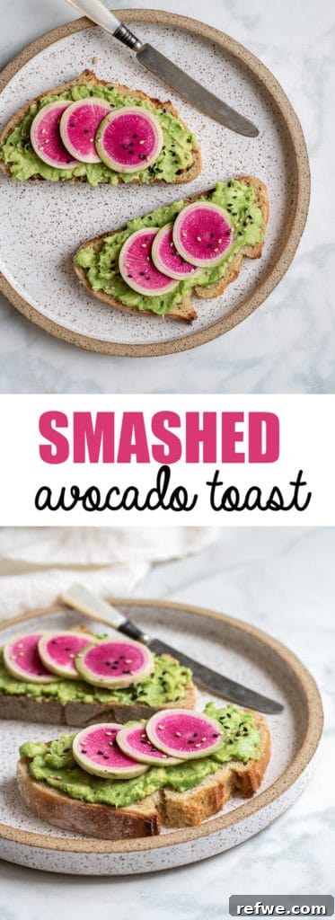 Sunrise Avocado Toast with Ruby Radish Slices 6 A visual guide for pinning this easy smashed avocado toast with watermelon radish recipe, showing the finished dish on a wooden board.