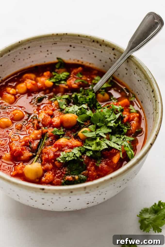 Fragrant Moroccan Chickpea Stew 9 A generous serving of Moroccan chickpea stew in a white bowl, beautifully topped with fresh cilantro.