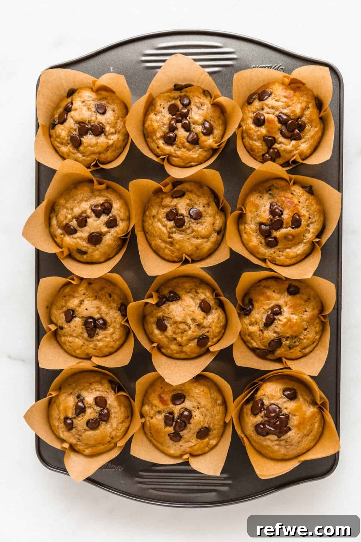 A tray of freshly baked, golden-brown banana chocolate chip muffins cooling in the muffin pan, ready to be enjoyed.