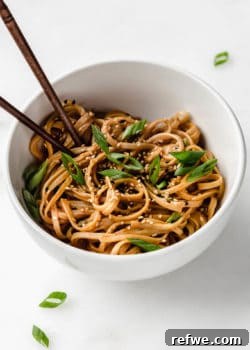 A beautifully arranged bowl of creamy peanut butter noodles, topped with fresh green onions, ready to be served.