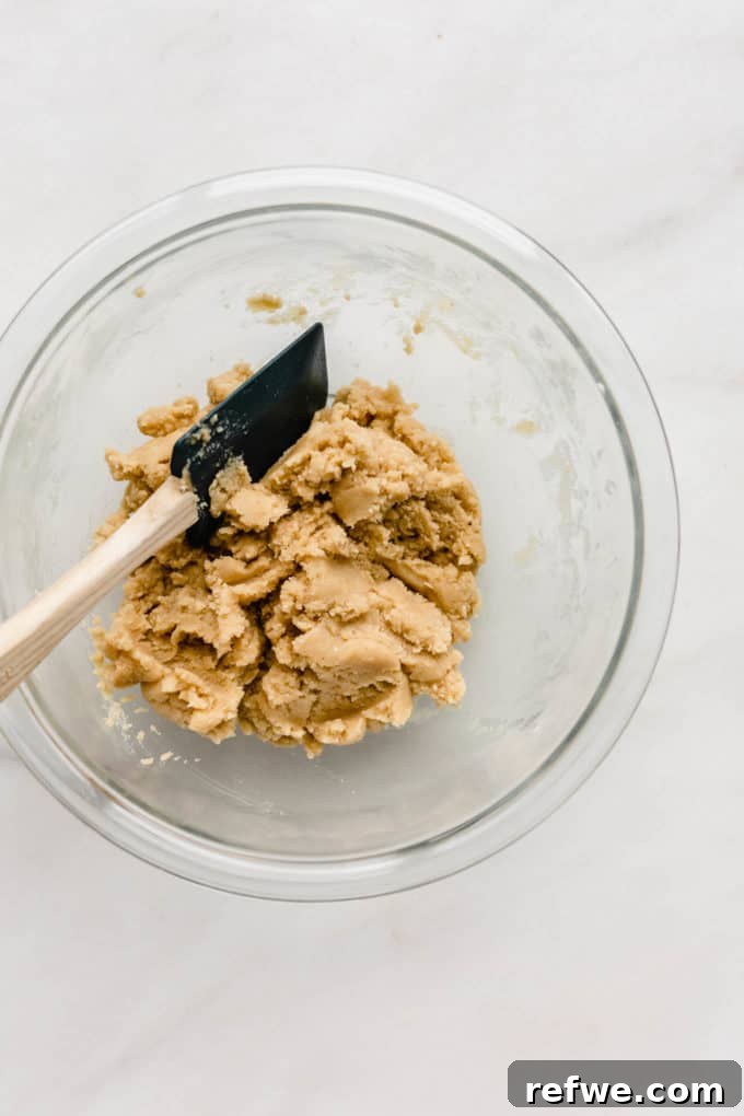A clear mixing bowl containing a creamy cookie dough with a spatula, ready for forming.