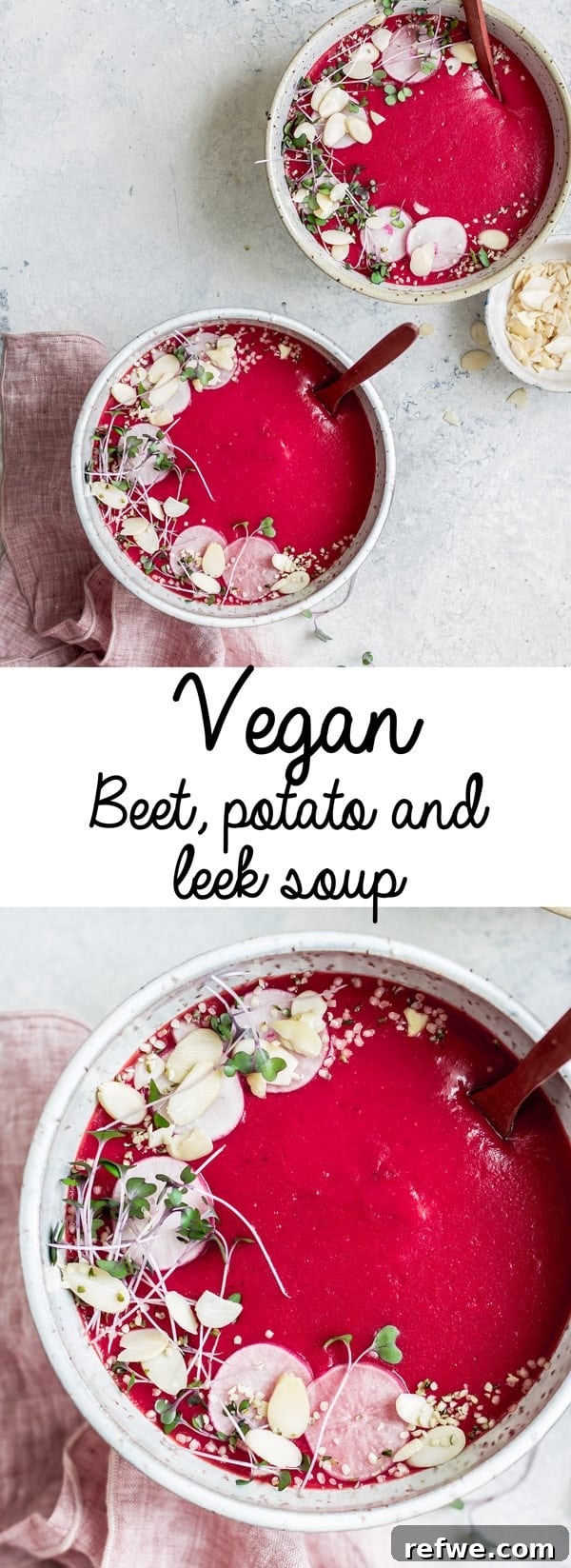 Hearty Vegan Beet Potato Leek Soup 8 This vegan beet potato and leek soup recipe is creamy, healthy, and so easy to make. It's simply the best!