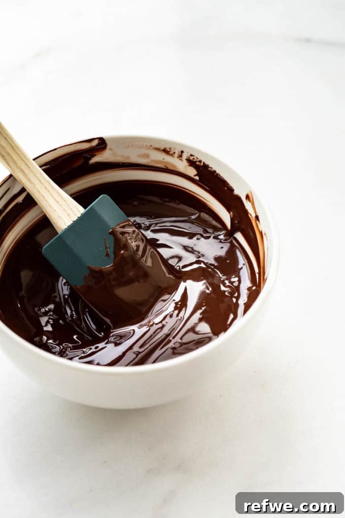 Plant-Based Hazelnut Cacao Dream 10 Smooth, melted dark chocolate and coconut oil in a white bowl with a spatula.