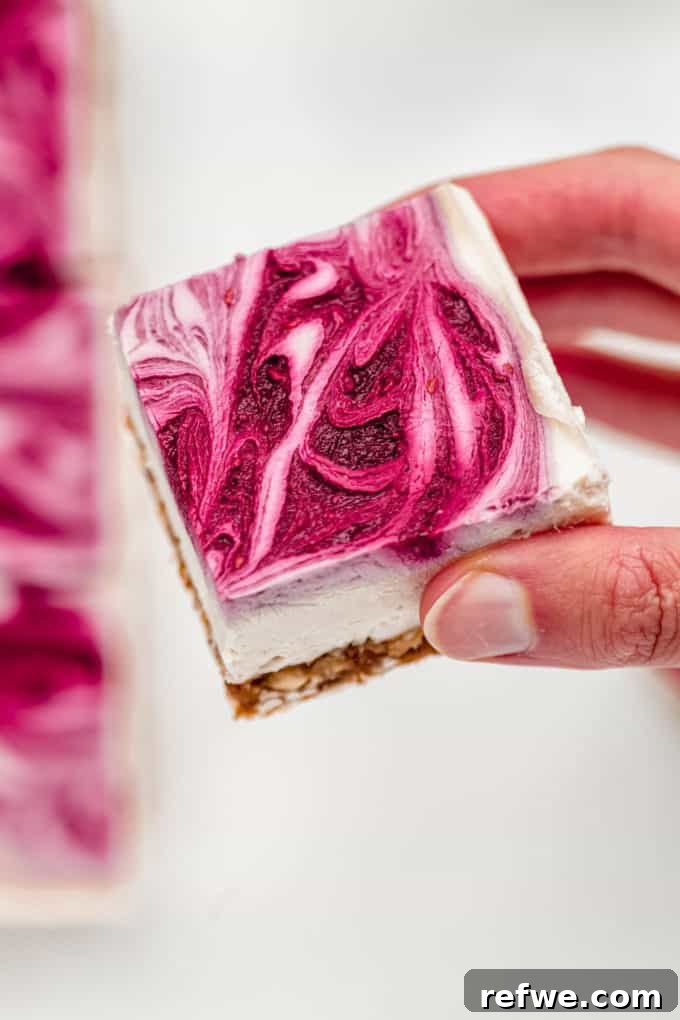 Decadent Vegan Raspberry Cheesecake Bars 13 A hand holding a delicious vegan raspberry cheesecake bar, showcasing its layers and swirl