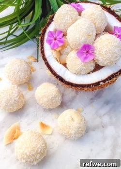 Close-up of a Coconut Bliss Ball, showcasing its creamy texture and shredded coconut coating.