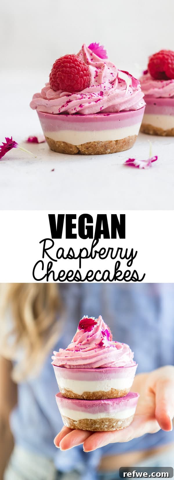 These raw vegan raspberry cheesecakes are a healthy no-bake dessert that is gluten-free, refined sugar-free and easy to make! A beautiful and delicious treat for any occasion, showcasing a full shot of the cheesecakes.
