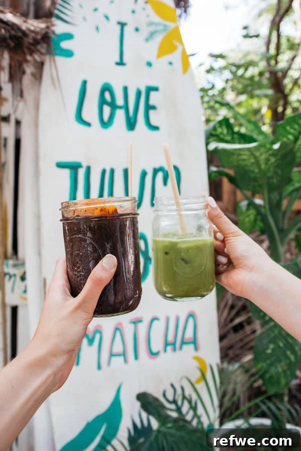 Matcha Mama vibrant stand on the side of the road in Tulum with colorful decor