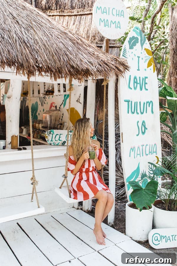 Refreshing iced matcha latte with plant-based milk from Matcha Mama Tulum