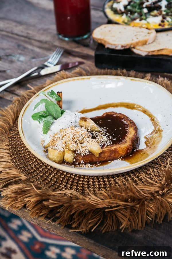 Decadent French toast with banana caramel and poppyseed whip cream at Moro