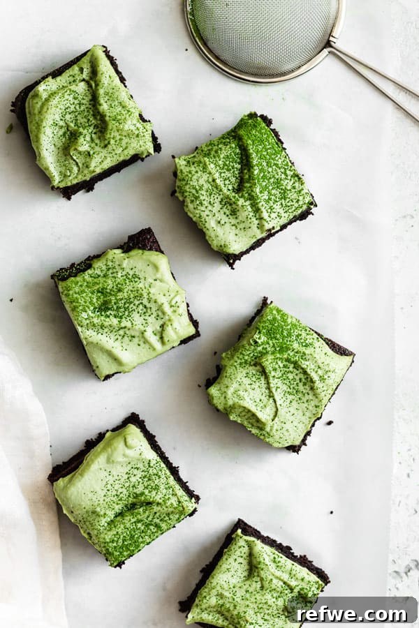 Cool Matcha Mint Swirl Almond Brownies 5 easy almond flour brownies with match frosting on counter