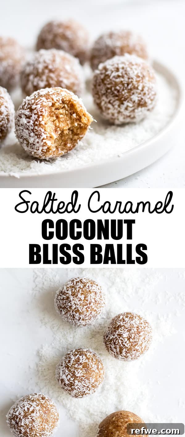 Irresistible Salted Caramel Coconut Bites 8 These salted caramel coconut bliss balls are a healthy all natural snack that you only need 4 ingredients to make! A hand reaching for one of the delicious, round treats.
