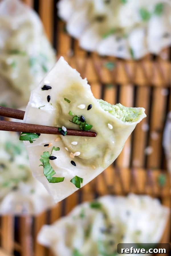 A close-up of a single steamed Edamame and truffle dumpling, showing its perfect pleats and inviting filling.