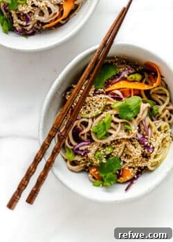 cold soba noodle salad in a bowl with wood chopsticks