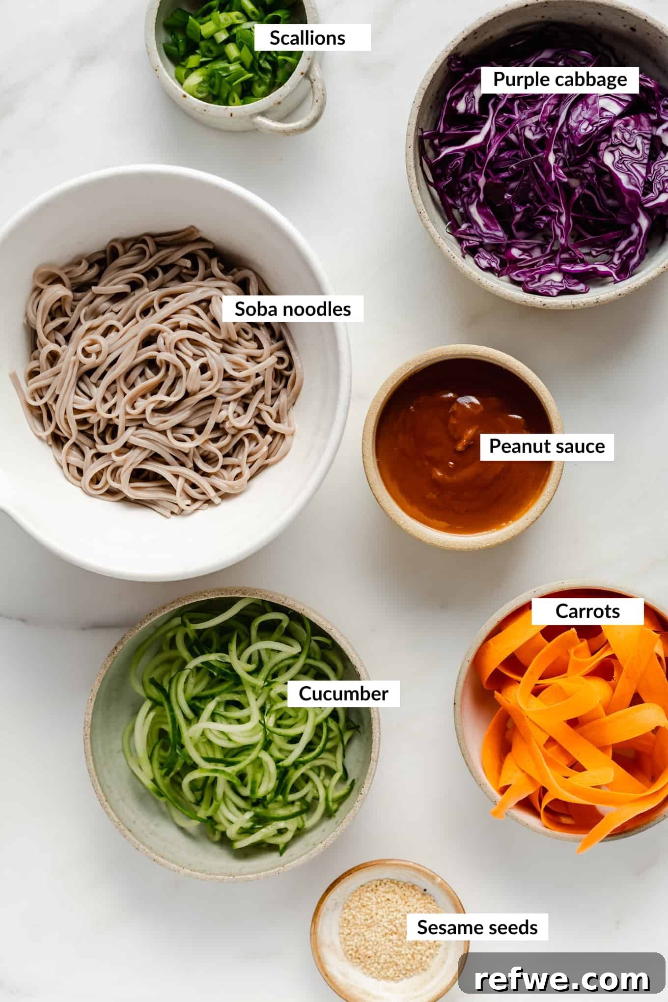 Chilled Soba Noodles with Creamy Peanut Sauce 3 A flat lay image displaying all the fresh ingredients for a cold soba noodle salad, including soba noodles, cucumber, cabbage, carrots, green onions, and the separate components for peanut sauce.