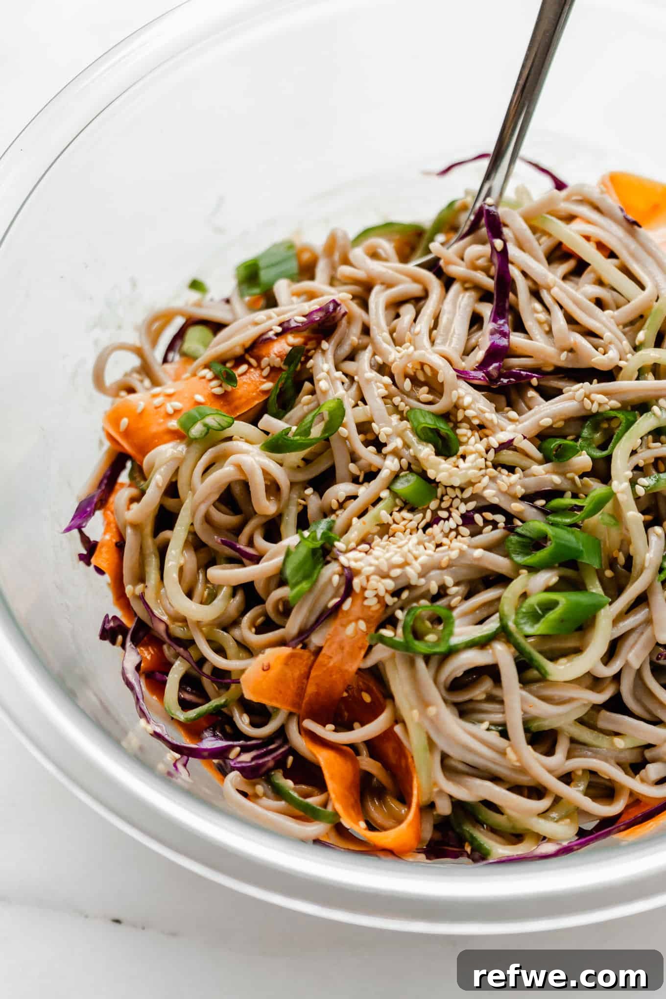 Chilled Soba Noodles with Creamy Peanut Sauce 8 A close-up shot of a single serving of cold soba noodle salad in a small ceramic bowl, garnished with green onions and sesame seeds, ready for serving.